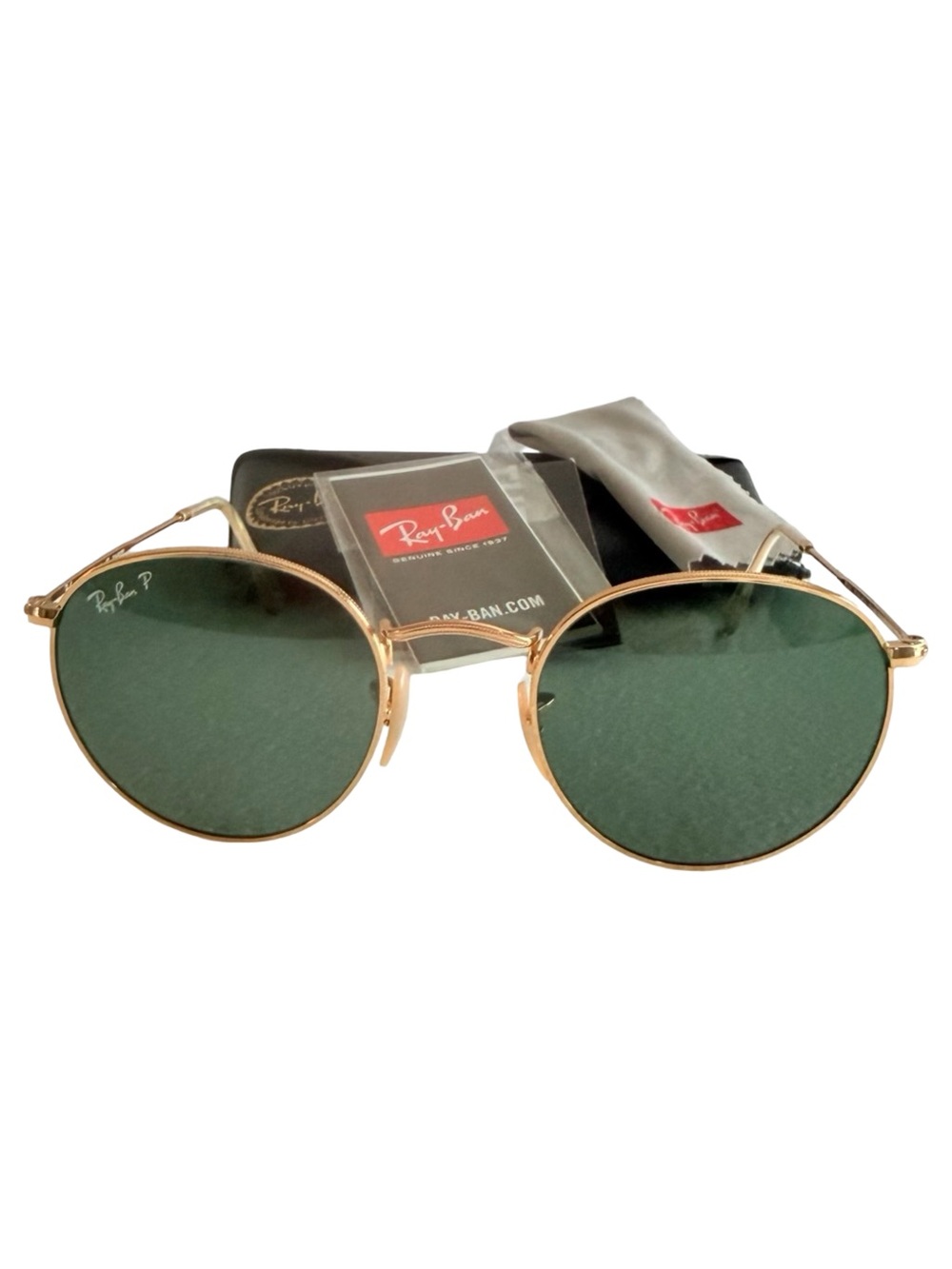 New Ray-Ban Men's Round Metal Sunglasses in Gold with Green Lenses